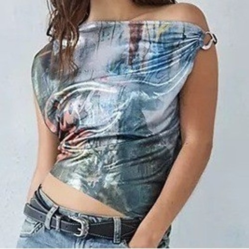 Jaded London Womens 6 Silver Metallic‎ Graphic Asymmetric Ring Top NWOT Rave